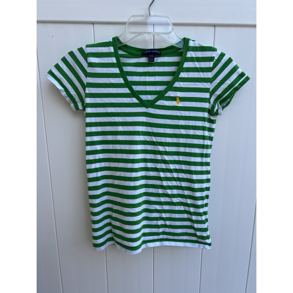 Ralph Lauren Green White Striped V Neck Short Sleeve T-Shirt XS